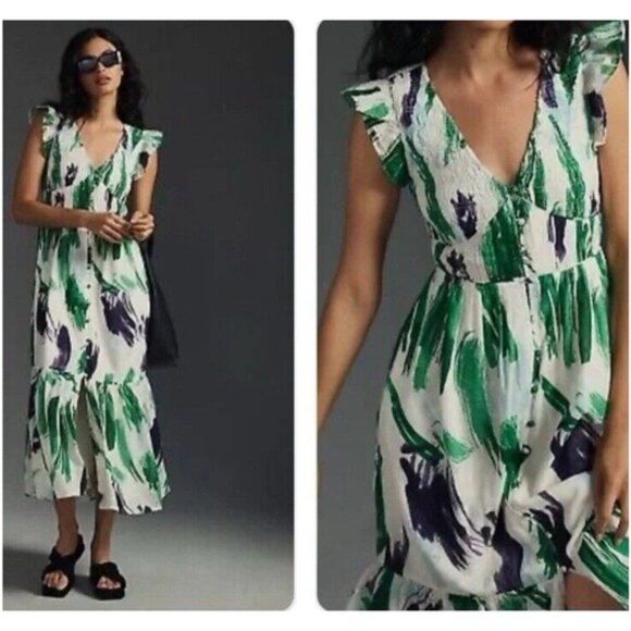 Anthropologie Midi Dress Womens Medium The Peregrine Green Blue Tiered - Picture 10 of 16